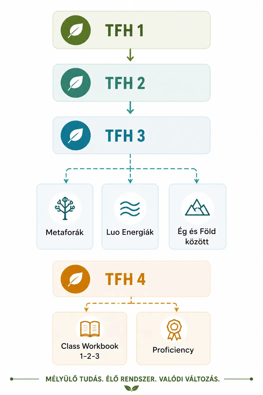 TFH1–TFH4 lépcsős folyamatábra, három kártyával: Metaforák, Luo Energiák, Ég és Föld között.