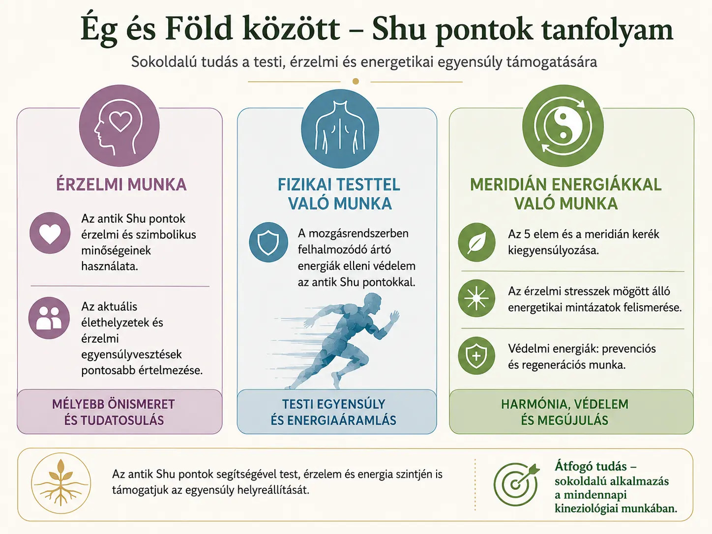 Három színes dobozban „Érzelmi munka”, „Testi egyensúly” és „Meridián energiákkal való munka” feliratok, illusztrációkkal.